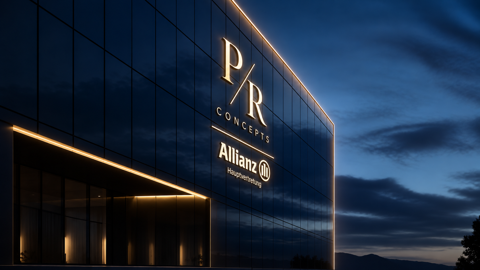 Glasfassade bei Nacht mit beleuchtetem PR-Concepts- und Allianz-Schriftzug